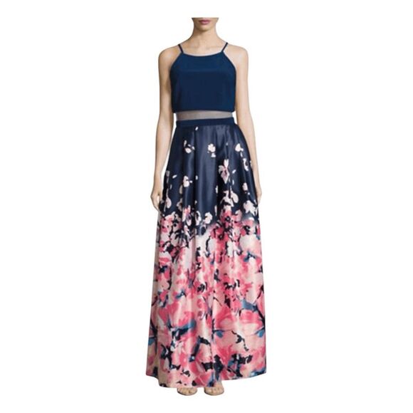Betsy Adam Prom Dress Evening Grown Blue top, Floral skirt Faux 2 Piece w/ Mesh - Picture 1 of 8